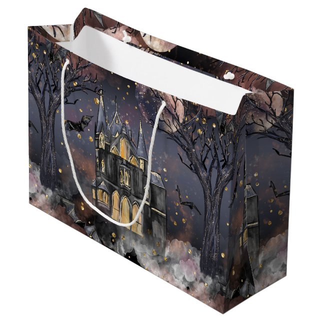 Haunted House | Spooky Full Moon Tree and Bats Large Gift Bag (Front Angled)