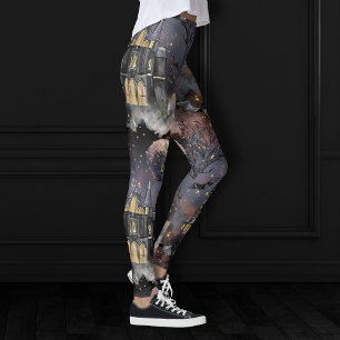 Haunted House Spooky Full Moon Tree and Bats Leggings