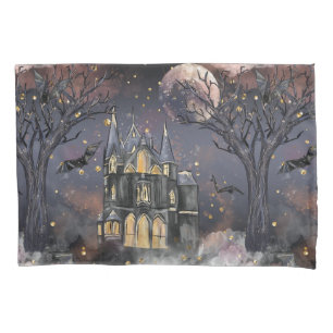 Haunted House   Spooky Full Moon Tree and Bats Pillowcase