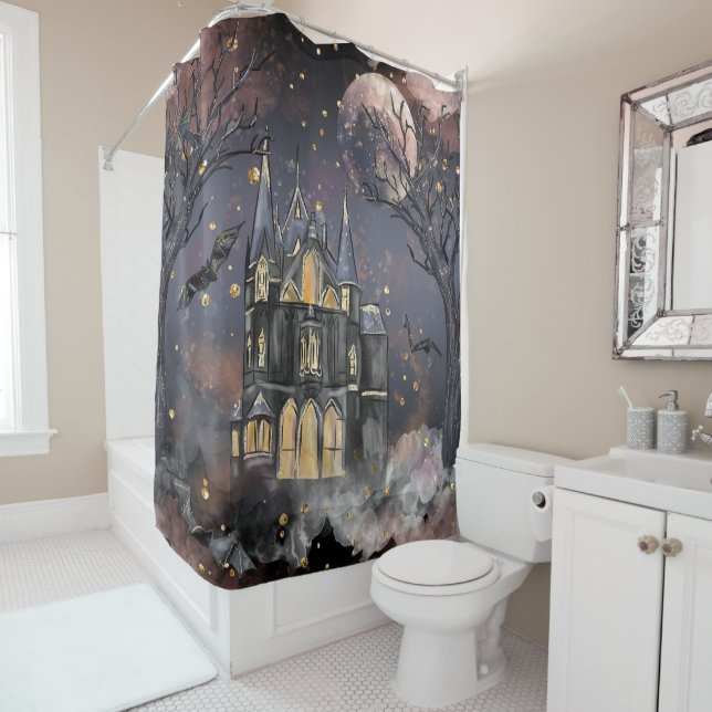 Haunted House | Spooky Full Moon Tree and Bats Shower Curtain (In Situ)