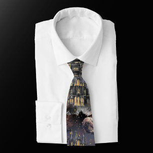 Haunted House   Spooky Full Moon Tree and Bats Tie