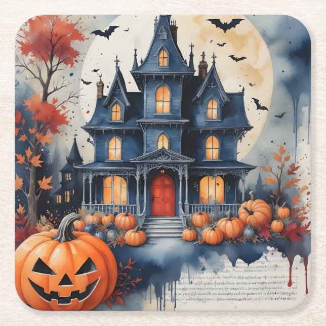Haunted House Under the Moonlight Halloween Magic Square Paper Coaster (Front)