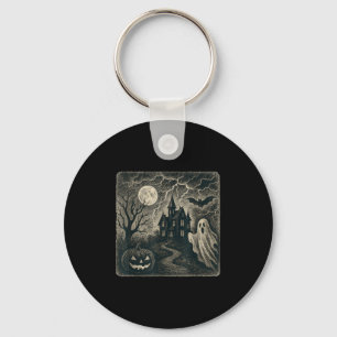 Haunted House Vintage Ghost Moon Halloween Scene  Key Ring