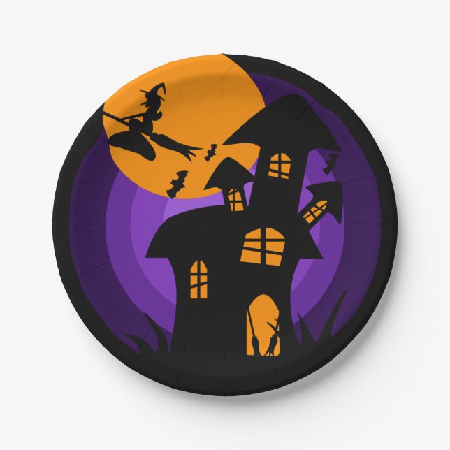 Haunted House Witch Purple Orange Halloween Party Paper Plate (Front)