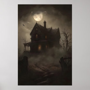 Haunted house witchy print, Halloween horror wall Poster