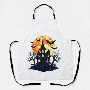 Haunted House with Bats � Spooky Halloween Tee Apron