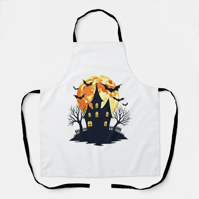 Haunted House with Bats – Spooky Halloween Tee Apron (Front)