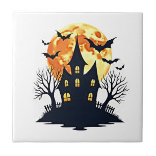 Haunted House with Bats � Spooky Halloween Tee Ceramic Tile