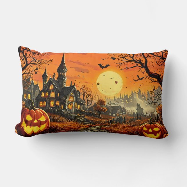 Haunted House With Jack-O'-Lanterns Lumbar Cushion (Front)