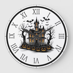 Haunted House with Pumpkins and Bats Halloween Large Clock