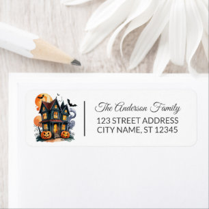 Haunted House with Pumpkins and Bats Halloween     Return Address Label