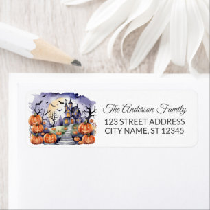 Haunted House with Pumpkins and Bats Halloween     Return Address Label