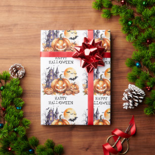 Haunted House with Pumpkins and Bats Halloween Wrapping Paper