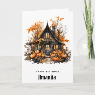Haunted House with Pumpkins Autumn Birthday Card