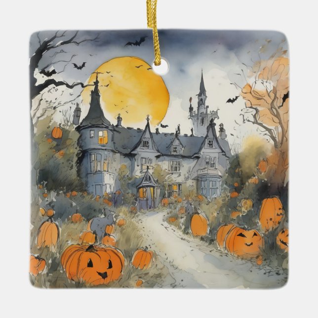 Haunted House with Pumpkins Ceramic Ornament (Front)