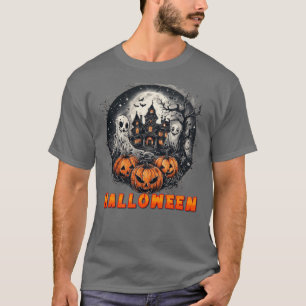Haunted House with Pumpkins, Ghosts, and Full Moon T-Shirt