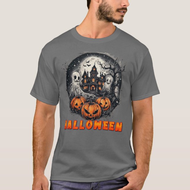 Haunted House with Pumpkins, Ghosts, and Full Moon T-Shirt (Front)