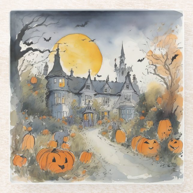 Haunted House with Pumpkins Glass Coaster (Front)