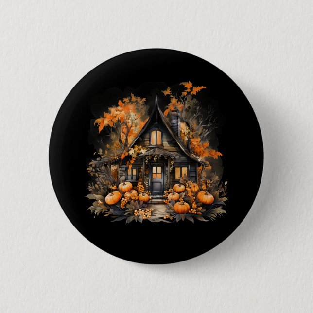 Haunted House with Pumpkins Halloween 6 Cm Round Badge (Front)