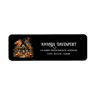 Haunted House with Pumpkins Halloween Black Return Address Label