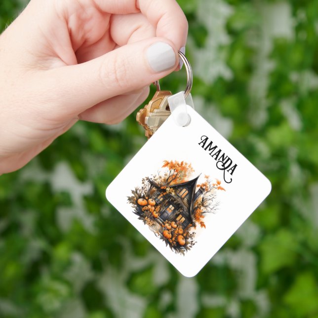 Haunted House with Pumpkins Halloween Key Ring (Hand)