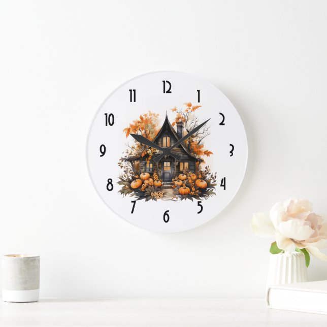 Haunted House with Pumpkins Halloween Large Clock (Home)