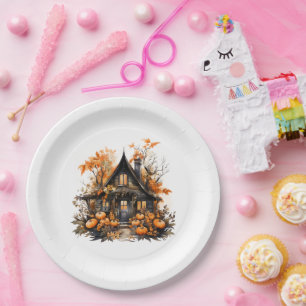 Haunted House with Pumpkins Halloween Paper Plate