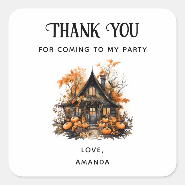 Haunted House with Pumpkins Halloween Party Thanks Square Sticker (Front)