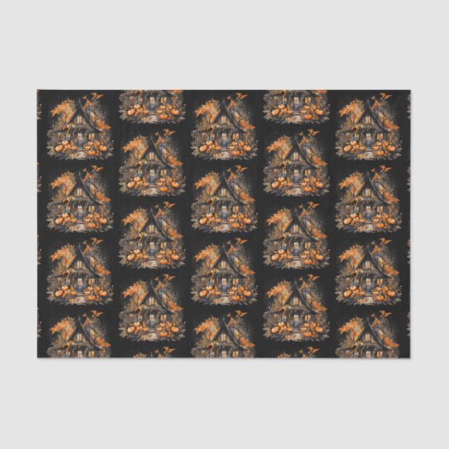 Haunted House with Pumpkins Halloween Pattern Tissue Paper (Front)