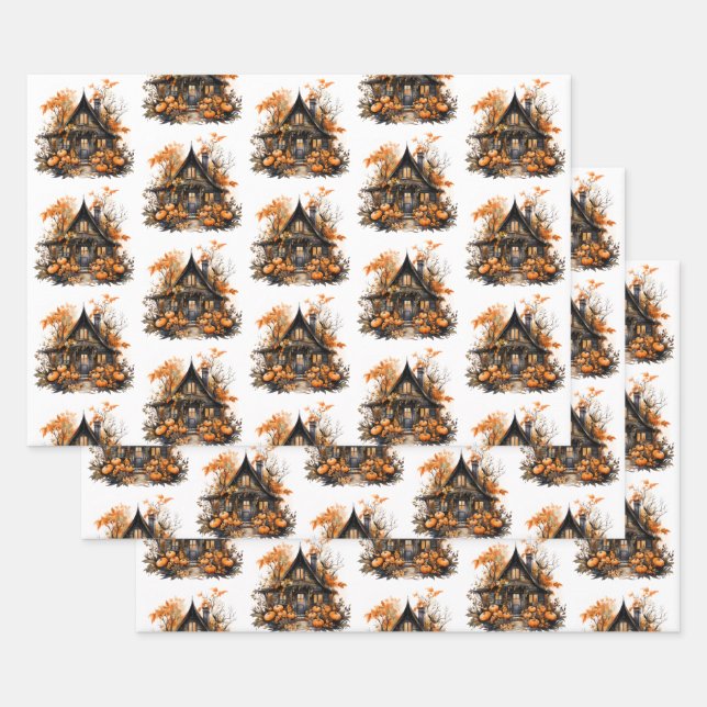 Haunted House with Pumpkins Halloween Pattern Wrapping Paper Sheet (Set)