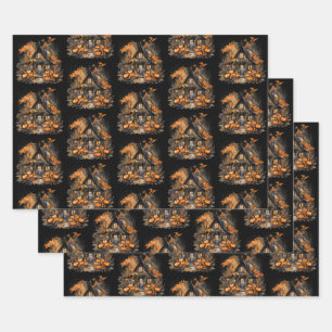 Haunted House with Pumpkins Halloween Pattern Wrapping Paper Sheet