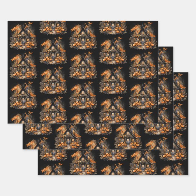 Haunted House with Pumpkins Halloween Pattern Wrapping Paper Sheet (Set)