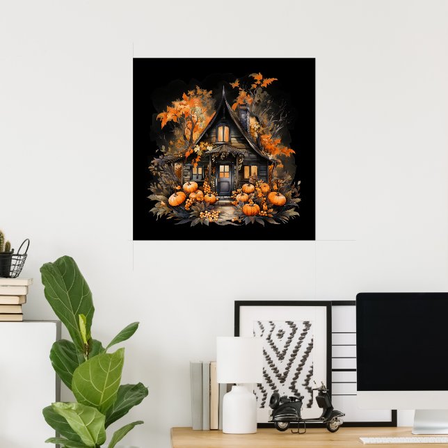 Haunted House with Pumpkins Halloween Poster (Home Office)