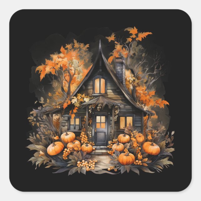 Haunted House with Pumpkins Halloween Square Sticker (Front)