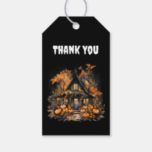 Haunted House with Pumpkins Halloween Thank You Gift Tags