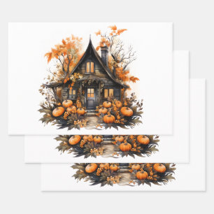 Haunted House with Pumpkins Halloween Wrapping Paper Sheet