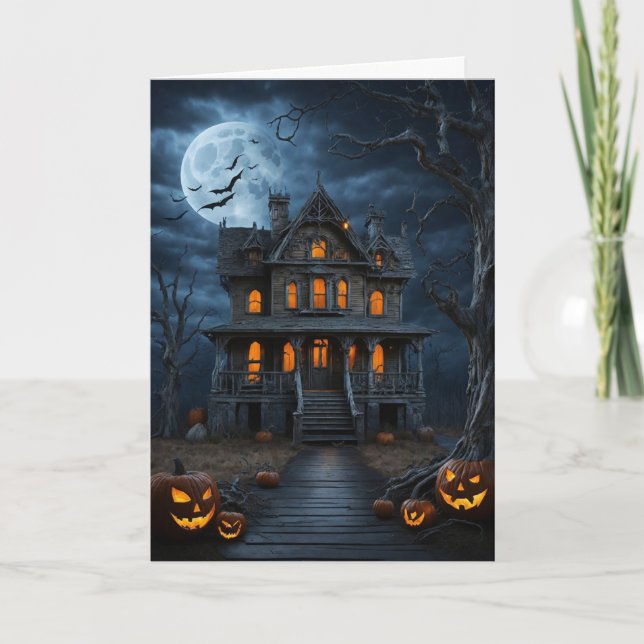 Haunted House with Pumpkins Thank You Card (Front)