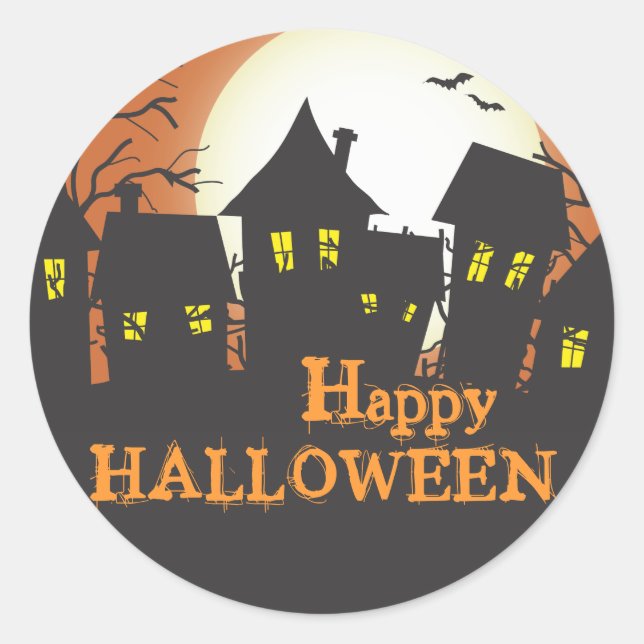 Haunted Houses Happy Halloween Classic Round Sticker (Front)