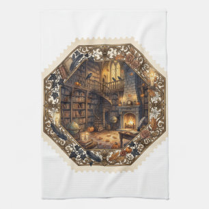 Haunted Library Halloween Stamp Vintage Art Tea Towel