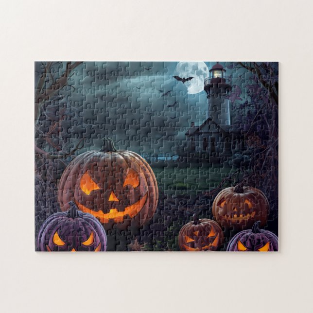Haunted Lighthouse with Spooky Pumpkins Jigsaw Puzzle (Horizontal)