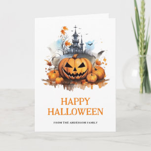 Haunted Mansion Bats Pumpkins Photo Halloween Card