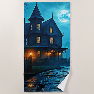 Haunted Mansion Blue Moonlight Night Design Beach Towel