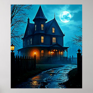Haunted Mansion Blue Moonlight Night Design Poster