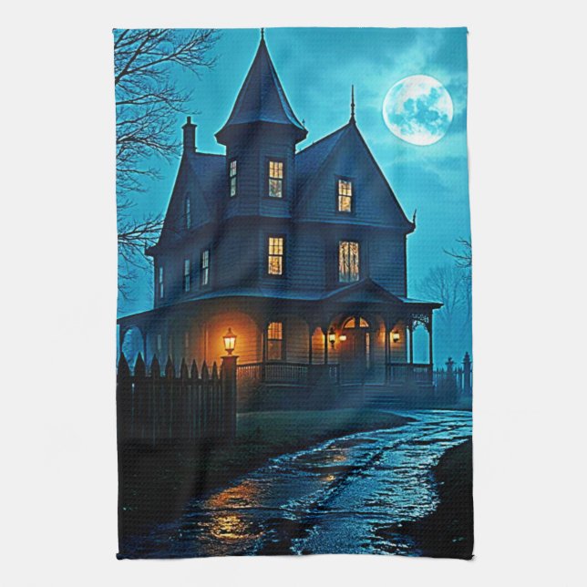 Haunted Mansion Blue Moonlight Night Design Tea Towel (Vertical)