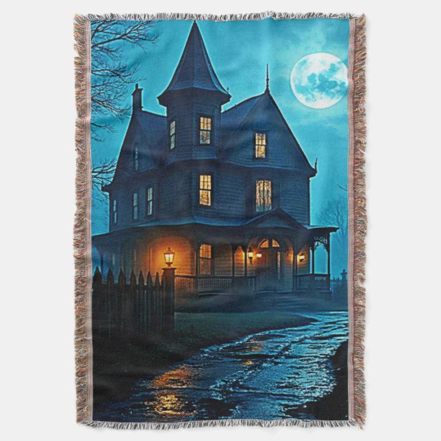 Haunted Mansion Blue Moonlight Night Design Throw Blanket (Front Vertical)