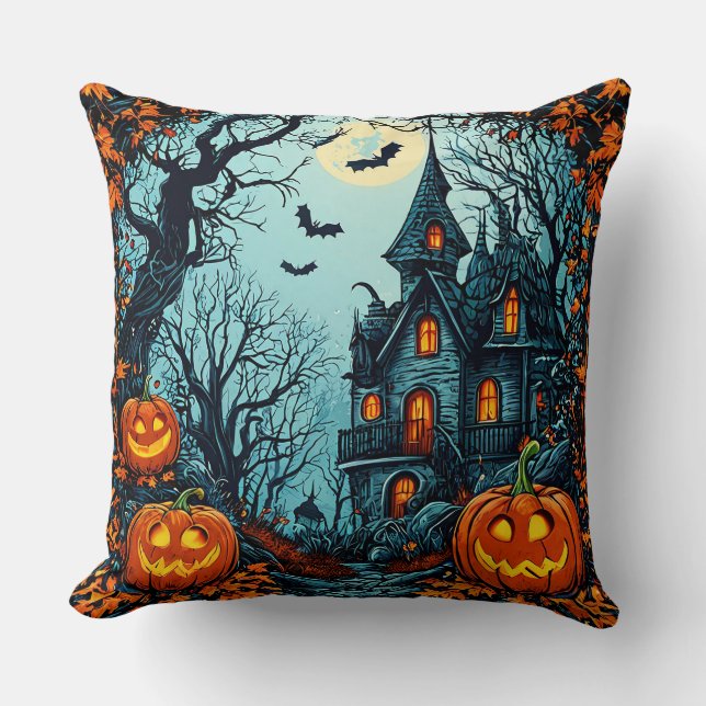 Haunted Mansion Illustration with Jack-O-Lanterns Cushion (Front)