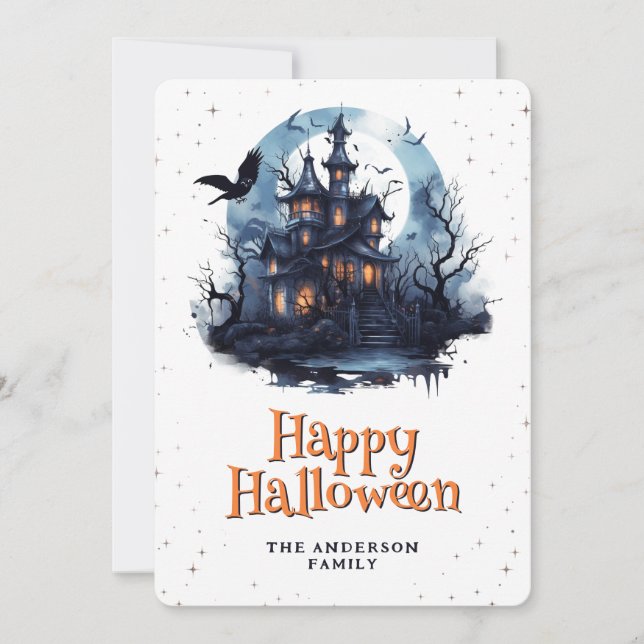 Haunted Mansion Raven Bats Moon Happy Halloween Holiday Card (Front)