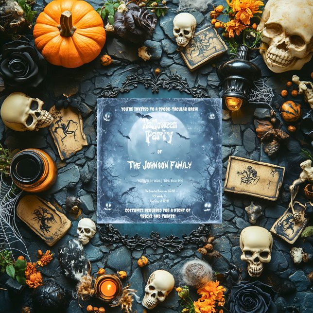 Haunted Moonlit Halloween Party - Pumpkins & Bats Invitation (Creator Uploaded)