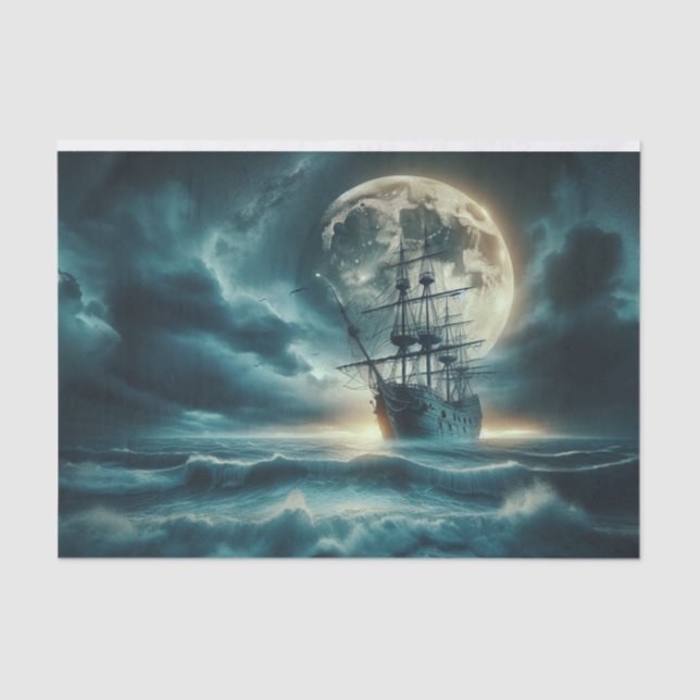 Haunted Pirate Ship Moonlit Stormy Seas Decoupage Tissue Paper (Front)