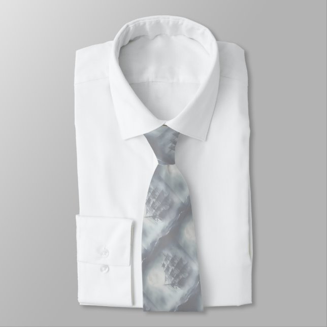 Haunted Pirate Ship Ocean Foggy Night Tie (Tied)
